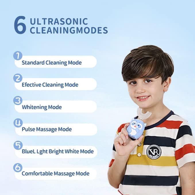 Kids Electric U Shaped Toothbrush Children Rechargeable Sonic Toothbrush with 4 Brush Heads Full Mouth 6 Cleaning Modes - (Age 8-15, Blue)