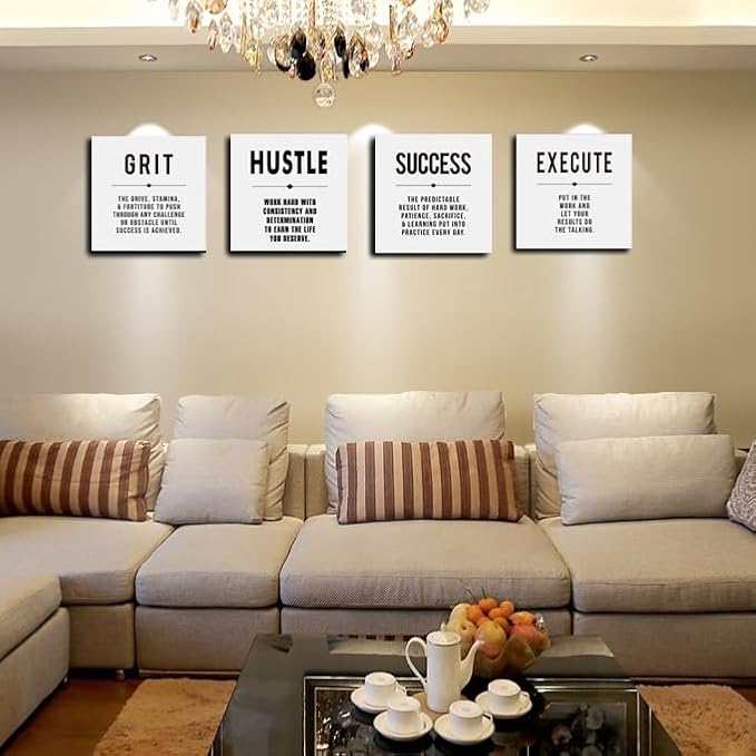 Motivational Grit Success Execute Hustle White Quotes Canvas Wall Art -Inspirational Wall Art Poster Canvas Artwork Picture Print Framed for Home Bedroom-12 x12 x4pcs-StrideForce Fitness