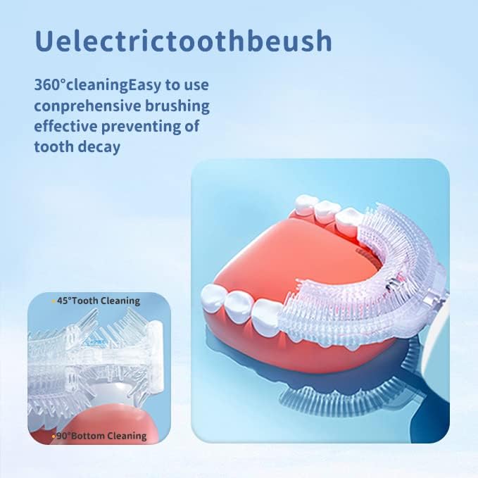Kids Electric U Shaped Toothbrush Children Rechargeable Sonic Toothbrush with 4 Brush Heads Full Mouth 6 Cleaning Modes - (Age 2-7, Blue)