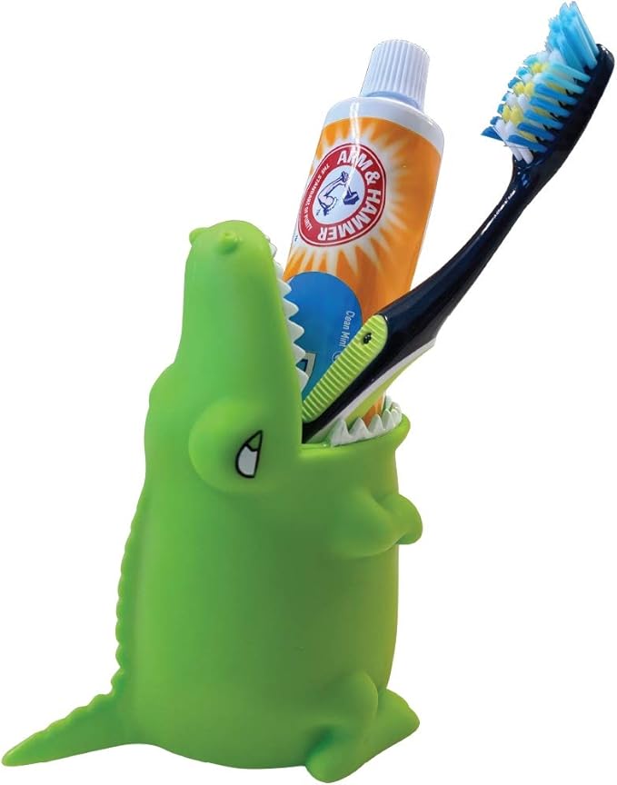 Kids Toothbrush Holder Toothbrush Organizer – Durable Silicone Animal Tooth Brush Holder – Easy to Clean Toothbrush and Toothpaste Holder – Toothbrush Holders for Bathrooms by Lily’s Home (Crocodile)