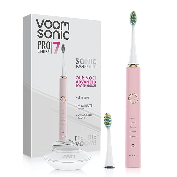 Voom Sonic Pro 7 Rechargeable Electronic Toothbrush + Pro 7 Series Replacement Brush Heads - 2-Minute Timer with Quadrant Pacing & 5 Adjustable Speeds,Soft Dupont Nylon Bristles Oral Care - Pink