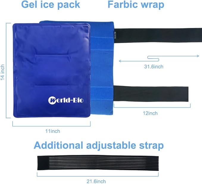 WORLD-BIO Large Gel Ice Pack Wrap for Injuries, Reusable Cold Compress Therapy Ice Pack with Straps for Swelling, Bruises, Hip, Knee Replacement Surgery, Back, Shoulder,11" x 14" Blue-StrideForce Fitness