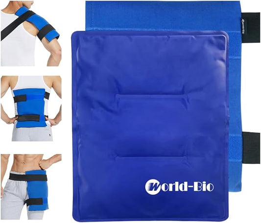 WORLD-BIO Large Gel Ice Pack Wrap for Injuries, Reusable Cold Compress Therapy Ice Pack with Straps for Swelling, Bruises, Hip, Knee Replacement Surgery, Back, Shoulder,11" x 14" Blue-StrideForce Fitness