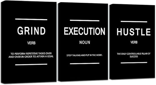 Framed Canvas Wall Art Success Quote, Office Wall Art, Black Large Poster, Positive Motivational Set of 3 Prints, Execute Failure Definition, Inspirational Print (B-3pcs,20x30inchx3pcs)-StrideForce Fitness