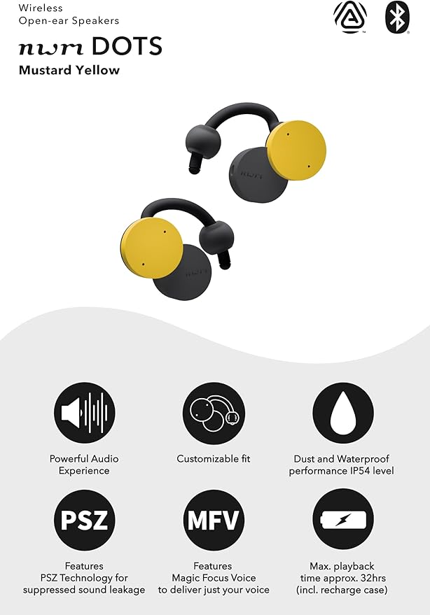 nwm DOTS Wireless On-Ear Speakers (Open Ear Earphones) Sound Leakage suppressed (PSZ Technology - Bone Conduction Alternative) with Optimal Microphone Function Designed in Japan | Mustard Yellow-StrideForce Fitness