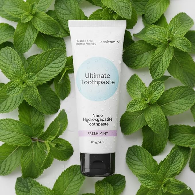 envitamin Fluoride Free Nano Hydroxyapatite Ultimate Toothpaste for Remineralizing Enamel & Sensitive Relief, Whitening, Antiplaque, SLS Free, Fresh Mint, 4 oz (1 Tube, Fresh Mint)