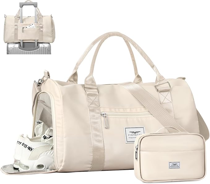 FIORETTO Womens Gym Tote Duffle Bag with Toiletry Bag, Sports Duffel Overnight Hospital Workout Carry on Bag for Girls with Wet Pocket & Shoe Compartment, Ideal for Travel, Swimming, Dance Beige-StrideForce Fitness