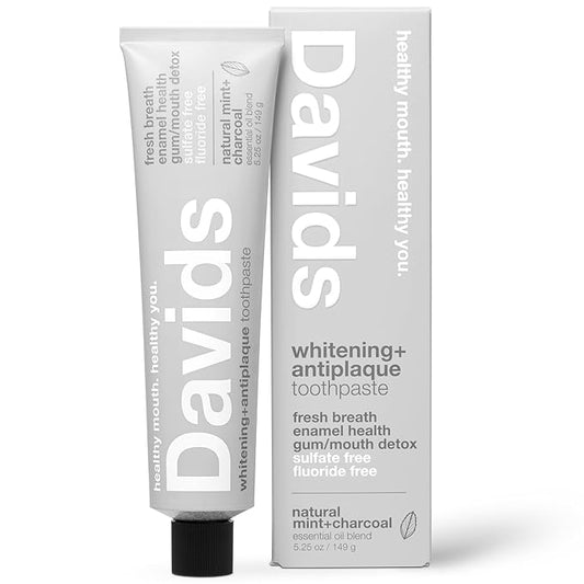 Davids Charcoal Toothpaste for Enhanced Teeth Whitening, Peppermint, Antiplaque, Flouride Free, SLS Free, Enamel Safe, Recyclable Metal Tube, 5.25oz