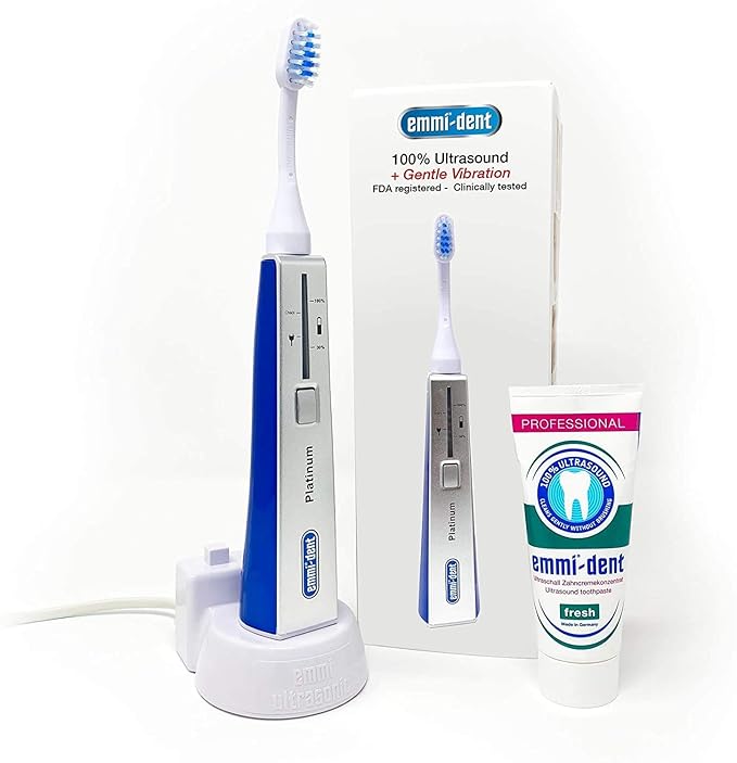 Emmi-dent Electric Ultrasonic Toothbrush Set with Gentle 100% Ultrasound Cleaning Technology. Ideal for Sensitive Teeth & Gums, Plaque Removal and More! Includes Nano-Bubble Toothpaste. Rechargeable.