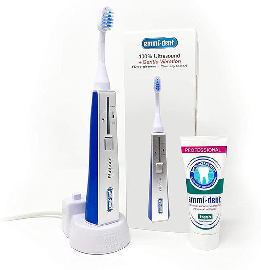 Emmi-dent Electric Ultrasonic Toothbrush Set with Gentle 100% Ultrasound Cleaning Technology. Ideal for Sensitive Teeth & Gums, Plaque Removal and More! Includes Nano-Bubble Toothpaste. Rechargeable.