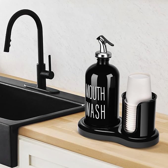 Glass Mouthwash Dispenser with Cup Holder,BYAWAY Mouthwash Set for Bathroom,16 OZ Refillable Mouthwash Bottle Container with 14 Mouthwash Cups,Funnel (Black)