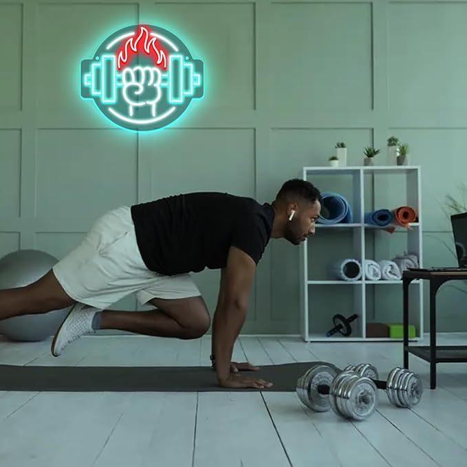 Gym Led Neon Sign- Gym Neon Light Dumbbell Sign for Home Gym Fitness Club Boy's Room Sports Room Decor Neon Light Fitness Club Neon Signs for Wall Art Birthday Gift 5V(13 * 11.81 Inch)-StrideForce Fitness