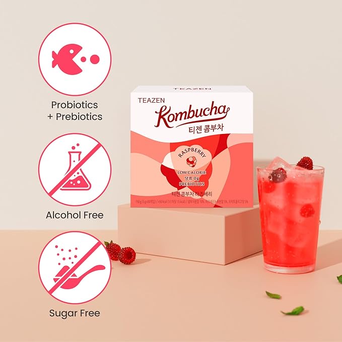 TEAZEN Raspberry Kombucha Tea, Hydration Drink Mix, Sugar Free, Live Probiotics & Prebiotics, 30 Sticks, 5.29oz-StrideForce Fitness