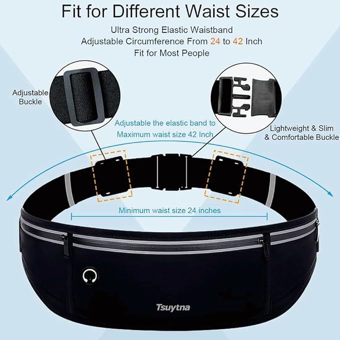 Running Belt for Women & Men - Slim Phone running belt with Water-Resistant Phone Holder, 3 pockets Adjustable Waist Strap, Reflective Safety Design for Running, Hiking, Travel，Fitness(Black)-StrideForce Fitness