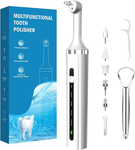Plaque or Electric Tartar Polishing TeethKit with LED Light 5 Speed Modes with 5 Replacement Brush Heads (White)