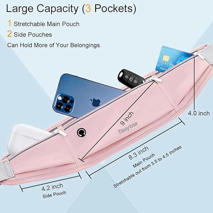 Running Belt for Women & Men - Slim Phone running belt with Water-Resistant Phone Holder, 3 pockets Adjustable Waist Strap, Reflective Safety Design for Running, Hiking, Travel，Fitness (Pink)-StrideForce Fitness