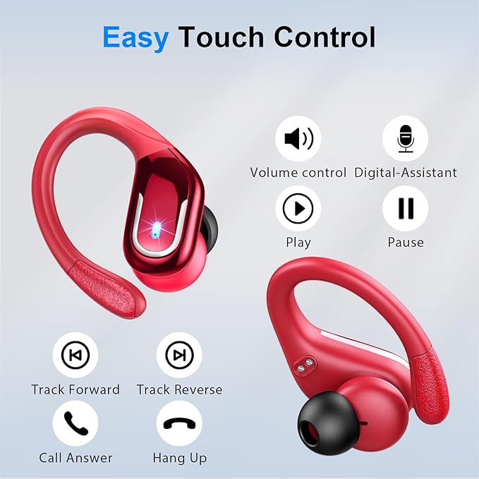 Ltinist Wireless Earbud, Bluetooh 5.4 Headphones Pure Bass Sound with Earhooks, 75H Battery in-Ear Sport Earbud with Dual-LED Display, IP7 Waterproof Earphones Built-in Microphone for Running, Red-StrideForce Fitness