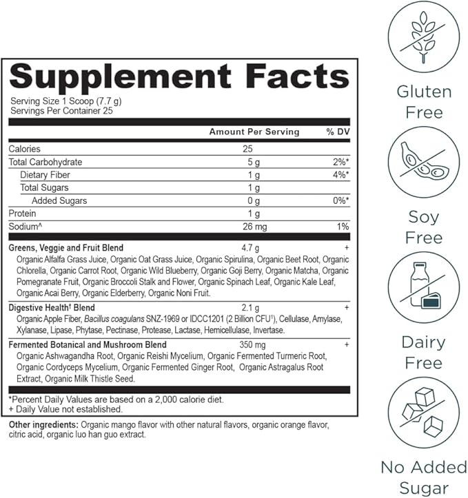 Ancient Nutrition SuperGreens Powder with Probiotics, Organic Mango Flavor Greens, Made from Real Fruits, Vegetables and Herbs, Digestive and Energy Support, 25 Servings, 6.8oz-StrideForce Fitness