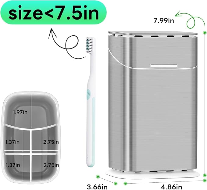 Toothbrush Holders with Cover - 5 Slots Tooth Brush Holder for Bathroom, Detachable Bathroom Counter Organizer with Drainage Kids Toothbrush and Toothpaste Holde, Silver