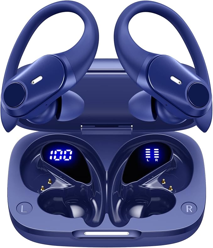 GOLREX Active Noise Cancelling Ear Buds Wireless Earbuds Bluetooth Headphones with 80H Playtime LED Display Wireless Charging Case, Over-Ear Hooks Earbud for Sports Running Gym Workout Blue-StrideForce Fitness