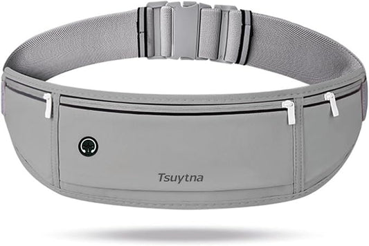 Running Belt for Women & Men - Slim Phone running belt with Water-Resistant Phone Holder, 3 pockets Adjustable Waist Strap, Reflective Safety Design for Running, Hiking, Travel，Fitness (Grey)-StrideForce Fitness