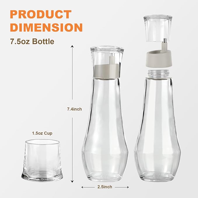 Glass Mouthwash Dispenser for Bathroom, Mouth Wash Container Bottle with Lid Cup, Small Clear Refillable Mouthwash Decanter Holder (2 Pack/ 7.5)