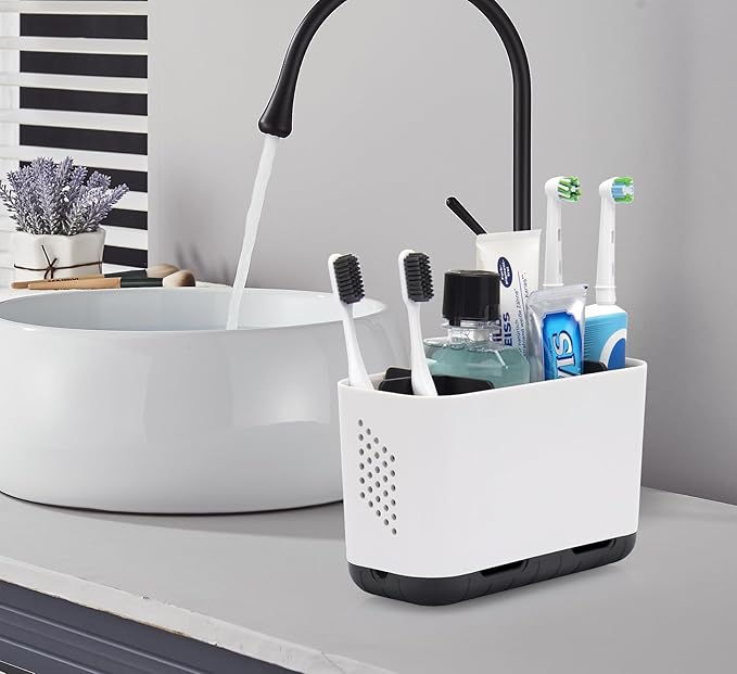 Toothbrush Holders for Bathrooms, Electric Toothbrush and Toothpaste Holder with Adjustable Dividers and Drainage, Kids Toothbrush Organizer for Bathroom Countertop