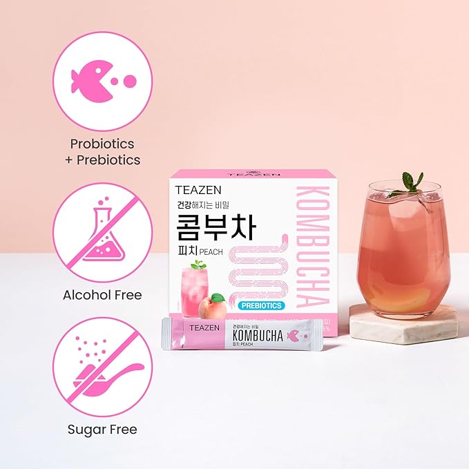 TEAZEN Peach Kombucha Tea, Hydration Drink Mix, Sugar Free, Live Probiotics & Prebiotics, 30 Sticks, 5.29oz-StrideForce Fitness