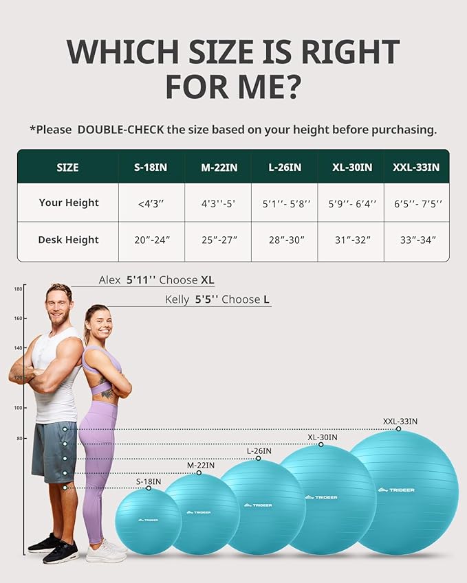 Trideer Extra Thick Yoga Ball Exercise Ball, 5 Sizes Gym Ball, Heavy Duty Ball Chair for Balance, Stability, Pregnancy, Quick Pump Included-StrideForce Fitness