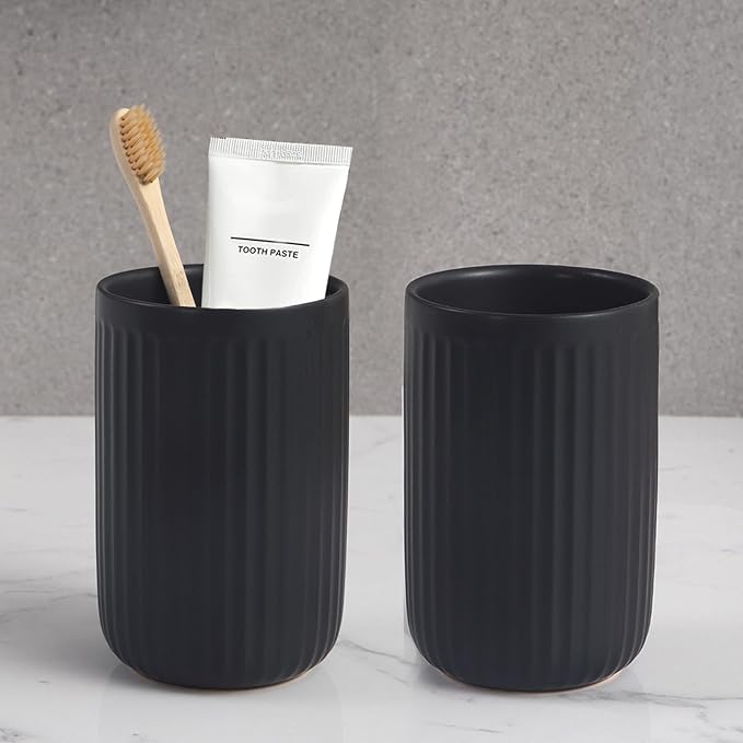 Matte Black Toothbrush Holders for Bathrooms - Black Ceramic Bathroom Tumbler Cups Reusable Toothbrush Cup Black Mouthwash Cup, 2 Cups Toothbrush Toothpaste Holders Set, Bathroom Counter Organizer