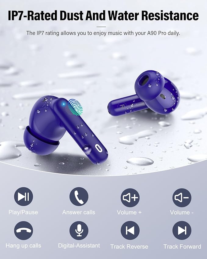 Wireless Earbuds, Bluetooth 5.4 Headphones Bass Stereo, Ear Buds with Noise Cancelling Mic, IP7 Waterproof in Ear Earphones, 36H LED Display Bluetooth Earbuds for Laptop Pad Phones Sports, Dark Blue-StrideForce Fitness