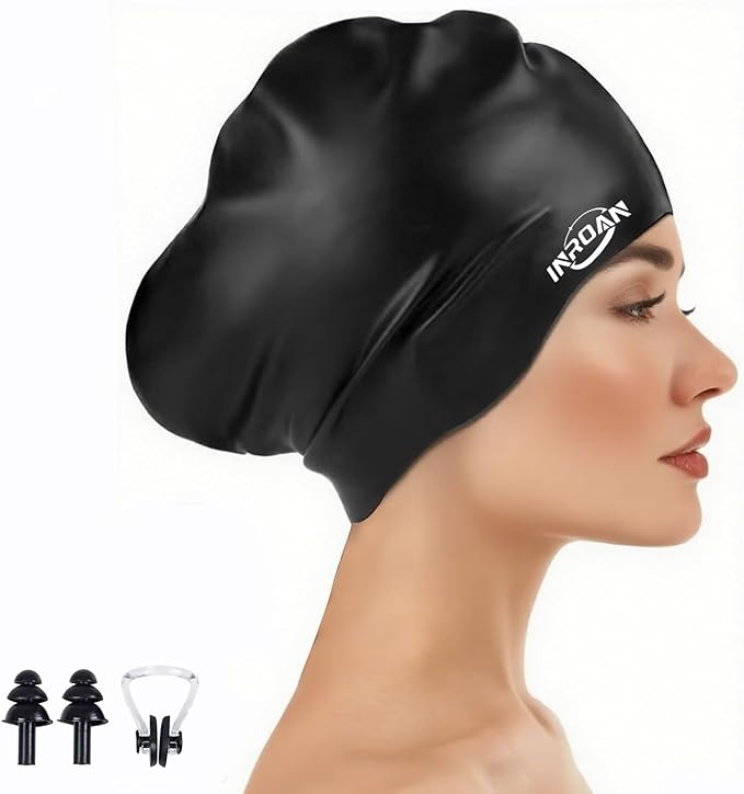 Large Thick Hair Swim Cap with Extra Room for Women Men, Premium Silicone Swimming Cap for Long Hair with Ear Plugs Nose Clip Set, Adult Waterproof Swim Hats Bathing Caps to Keep Hair Dry-StrideForce Fitness