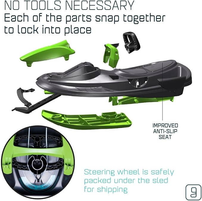 Snow Sled for Kids, Adults - Toboggan Sled, Easy Turning Steering Wheel, Anti-Slip Seat, Pull Up Brake, Durable Plastic Sled, Lightweight, Snow Sleds, Age 3+ 260 lbs-StrideForce Fitness