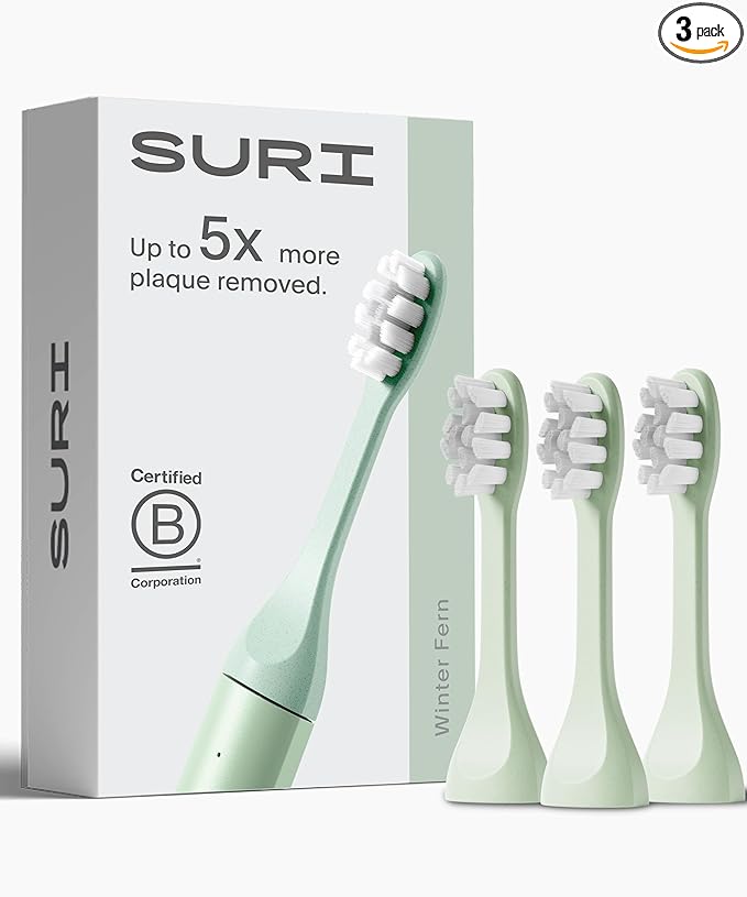 SURI Recyclable Plant-Based, Electric Toothbrush Heads - Built-in Tongue Scraper, Long Lasting Replacement Heads | Compatible Only Sonic Electric Toothbrush - Winter Fern, Pack of 3
