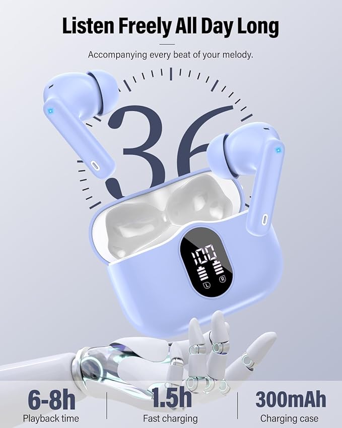 Wireless Earbuds, Bluetooth 5.4 Headphones Bass Stereo, Ear Buds with Noise Cancelling Mic, IP7 Waterproof in Ear Earphones, 36H LED Display Bluetooth Earbuds for Laptop Pad Phones Sports, Pale Blue-StrideForce Fitness