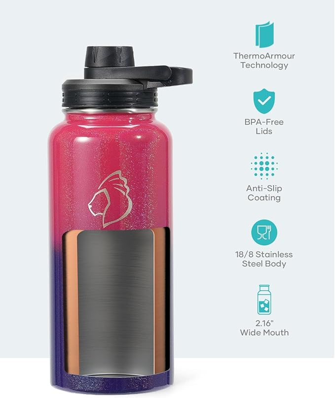 BUZIO 32 oz Water Bottle Insulated with Straw & 3 lid and Carrying Pouch, Leak Proof Anti-Slip Stainless Steel Water Flask Jug, Cold for 48 Hrs Double Vacuum Thermo Canteen, Pearlescent Red Black-StrideForce Fitness