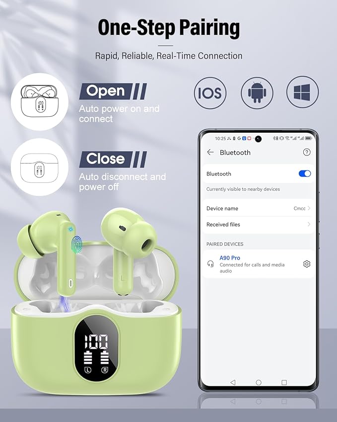 Wireless Earbuds, Bluetooth 5.4 Headphones Bass Stereo, Ear Buds with Noise Cancelling Mic, IP7 Waterproof in Ear Earphones, 36H LED Display Bluetooth Earbuds for Laptop Pad Phones Sports, Grass Green-StrideForce Fitness