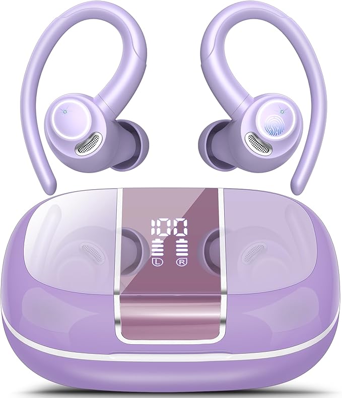 Wireless Earbuds Bluetooth 5.3 Headphones Sports, 48Hrs Playtime Bluetooth Earbuds with CVC 8.0 Mic, Stereo Bass Over Ear Bud with Earhooks, LED Display, IP7 Waterproof Earphon for Running Purple-StrideForce Fitness