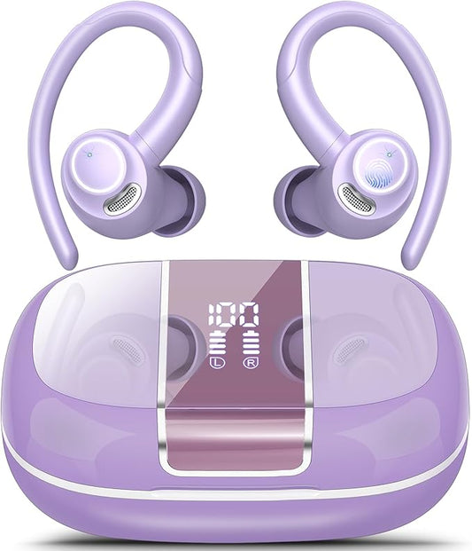 Wireless Earbuds Bluetooth 5.3 Headphones Sports, 48Hrs Playtime Bluetooth Earbuds with CVC 8.0 Mic, Stereo Bass Over Ear Bud with Earhooks, LED Display, IP7 Waterproof Earphon for Running Purple-StrideForce Fitness