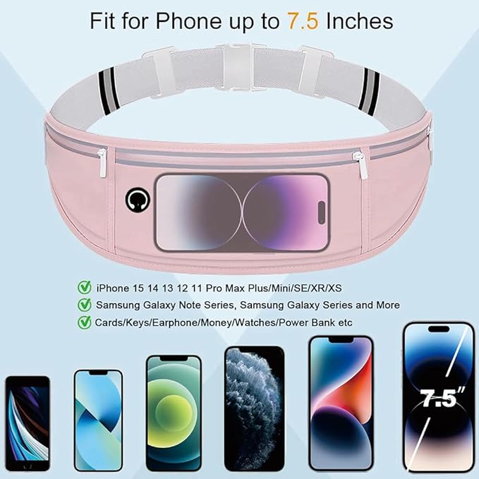 Running Belt for Women & Men - Slim Phone running belt with Water-Resistant Phone Holder, 3 pockets Adjustable Waist Strap, Reflective Safety Design for Running, Hiking, Travel，Fitness (Pink)-StrideForce Fitness