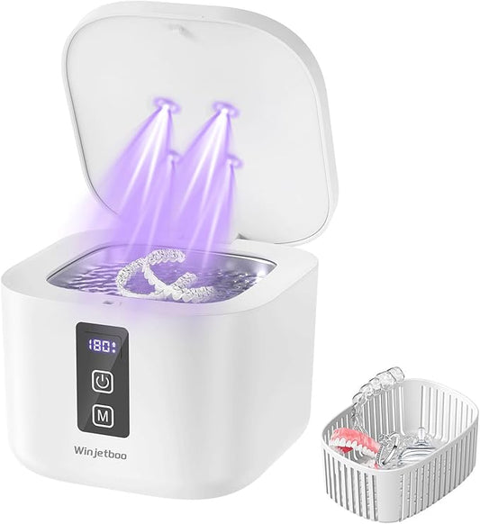 Retainer Cleaner, Ultrasonic Retainer Cleaner Machine 48kHz for Dentures, Mouth Guards, Braces, Toothbrush Heads, Jewelry, Ring with 300ML Capacity, 4 Modes Retainer Cleaning - White