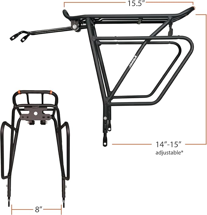 Ibera Bike Rack - Bicycle Touring Carrier Plus+ for Disc Brake/Non-Disc Brake Mount, Fat Tire Bikes, Frame-Mounted for Heavier Top & Side Loads, Height Adjustable for 26"-29" Frames-StrideForce Fitness