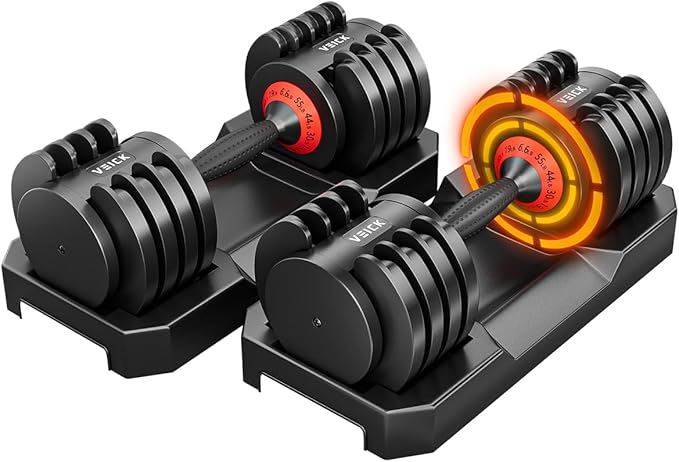 VEICK 25/55 lbs Adjustable Dumbbell with Anti-Slip Turning Handle, Fast Adjust Weight for Men Women, Exercise Equipment with Tray for Home Gym Full Body Workout Fitness-StrideForce Fitness