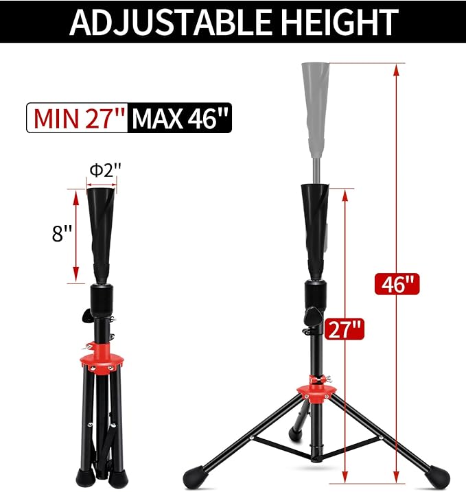 FDLS Baseball Batting tee for Adults and Youth Teens, Portable Tripod Stand Base Tee Easy Adjustable Height 27 to 46 inches for Hitting Training Practice, with Carrying Bag-StrideForce Fitness