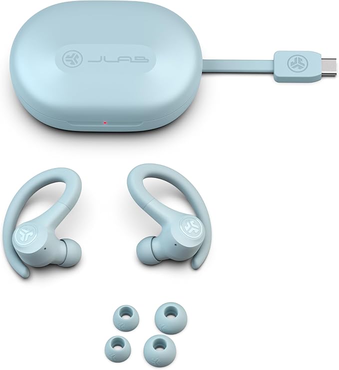 JLab Go Sport+ Wireless Workout Earbuds Featuring C3 Clear Calling, Secure Earhook Sport Design, 35+ Hour Bluetooth Playtime, and 3 EQ Sound Settings (Light Blue)-StrideForce Fitness