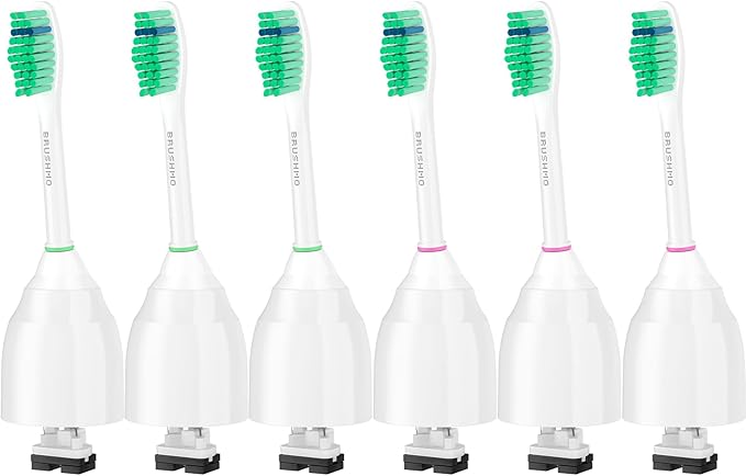 Brushmo e-Series Total Clean Replacement Toothbrush Heads, Compatible with Philips Sonicare Screw-on Electric Toothbrush Handles, 6 Standard Heads, Medium Firm Dupont Bristles, BM726, White