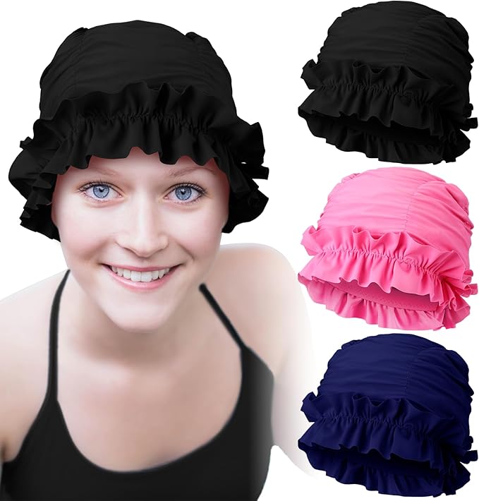 Soulchen 3 Pcs Swim Cap Women Adult with Ruffled Edges Nylon Cloth Swimming Cap for Women Bathing Hats Swim Turban Waterproof Swimming Hat-StrideForce Fitness