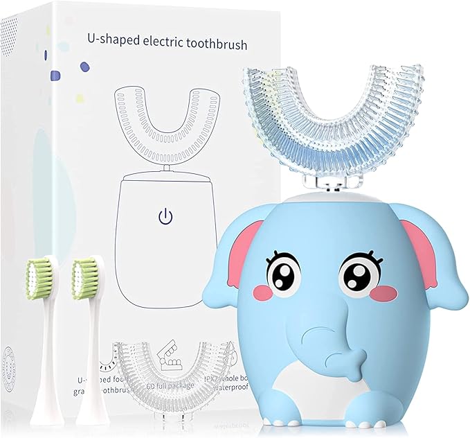 Kids Electric U Shaped Toothbrush Children Rechargeable Sonic Toothbrush with 4 Brush Heads Full Mouth 6 Cleaning Modes - (Age 2-7 Blue)