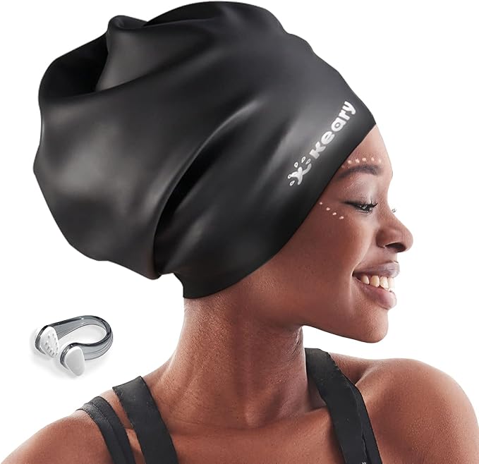 Keary Extra Large Swim Cap for Braids and Dreadlocks Extensions Weaves Long Hair, Waterproof Silicone Cover Ear Bath Pool Shower Swimming Cap for Adult Youth to Keep Hair Dry, Easy to Put On and Off-StrideForce Fitness