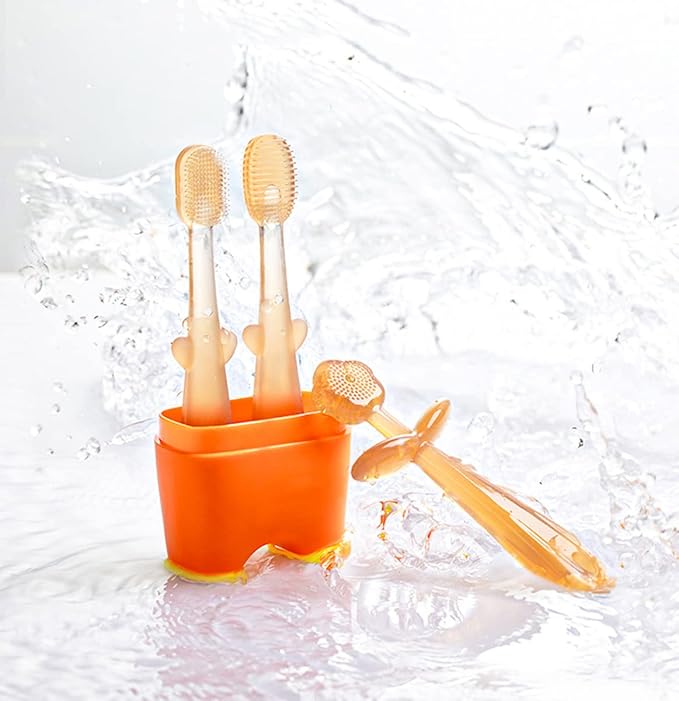 FOKiiBO Baby Silicone Toothbrush Set, Toothbrush + Tongue Brush + Baby Teether + Finger Toothbrush with Cup for Training Teething, 0-18M Infant Toddler Newborn Baby Teeth Brushes (Blue)